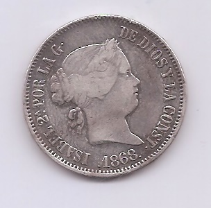 ESPAÑA ISABEL II DEL AÑO 1868 50 CENTIMOS DE PESO